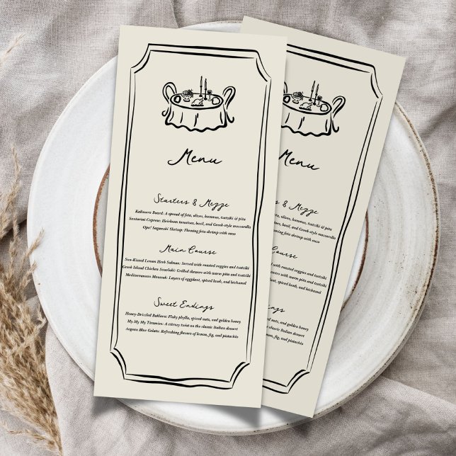 Whimsical Bröllopsmat Middag Handritat Meny (Whimsical Wedding Food Dinner Menu)