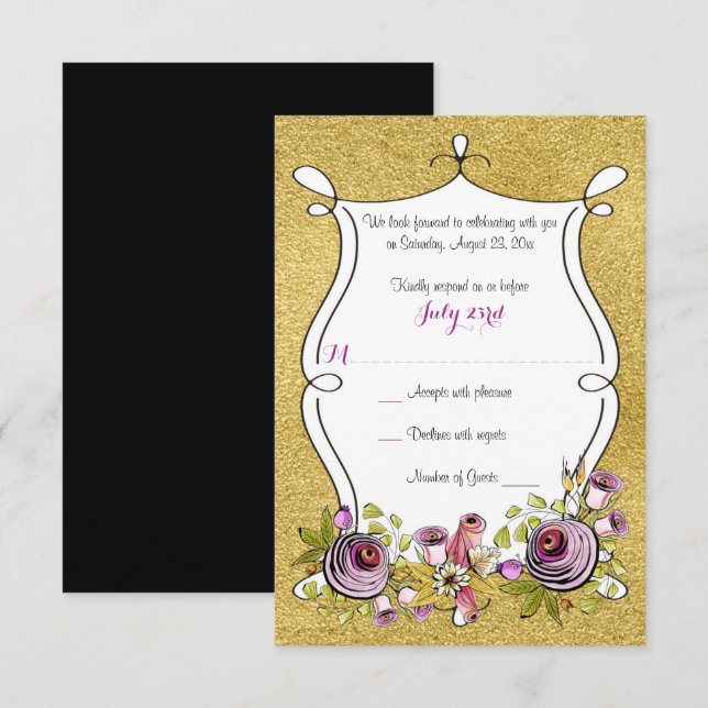 Whimsical Bröllopssvar | FAUX Guldfolie, Blommor Inbjudningar (Fram/baksida)