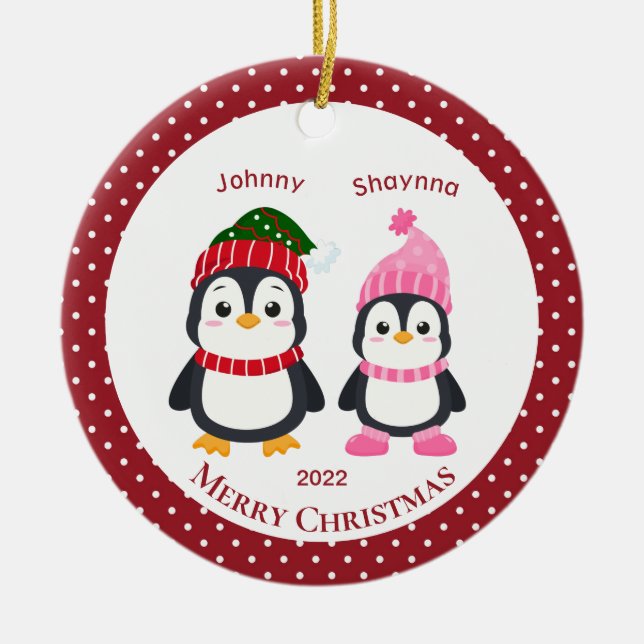 Whimsical Brother & Sister Penguins Personlig C Julgransprydnad Keramik (Framsidan)