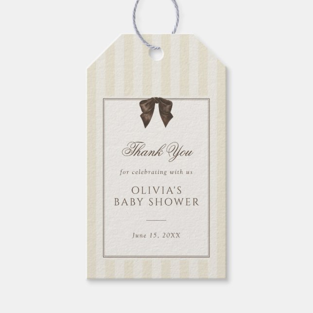 Whimsical Brown Bow Striped Baby Shower Presentetikett (Framsidan)