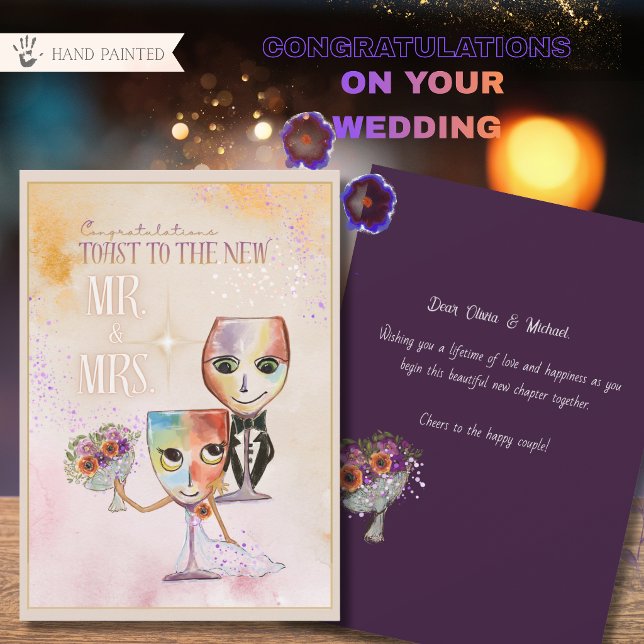 Whimsical Brud & Brudgum Vinglas Bröllopskort Julkort (Whimsical Groom & Bride Wine Glasses Wedding Card)