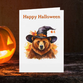 Whimsical Brun Björn Svart Häxa Hatt Halloween Kort