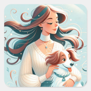Whimsical Brunette & Cavalier Kung Charles Spain Fyrkantigt Klistermärke