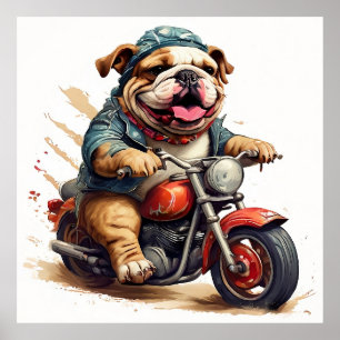 Whimsical Bulldog Chopper Riding a Motorcycle Poster