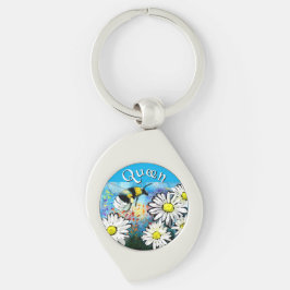 Whimsical Bumble Bee in Daisies Personalized Swirl Silverfärgad Nyckelring