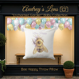 Whimsical Bumblebee & Wildflowers "Bee Happy" Kudde