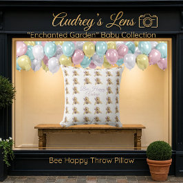 Whimsical Bumblebee & Wildflowers "Bee Happy" Kudde