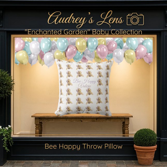 Whimsical Bumblebee & Wildflowers "Bee Happy" Kudde (Skapare uppladdad)