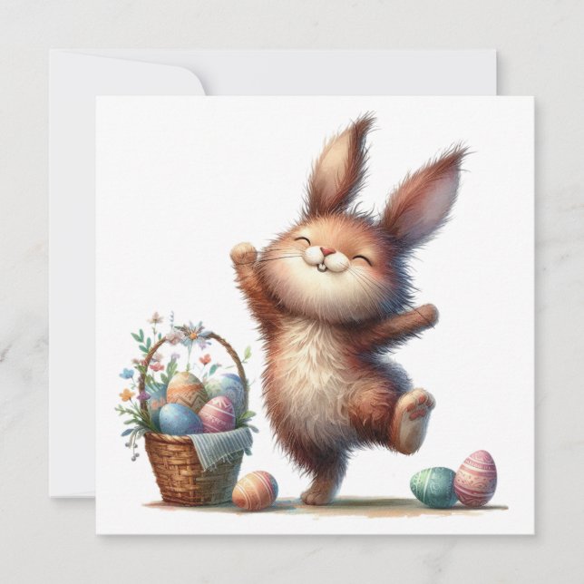 Whimsical Bunny and Basket of Eggs Easter Greeting Kort (Framsida)