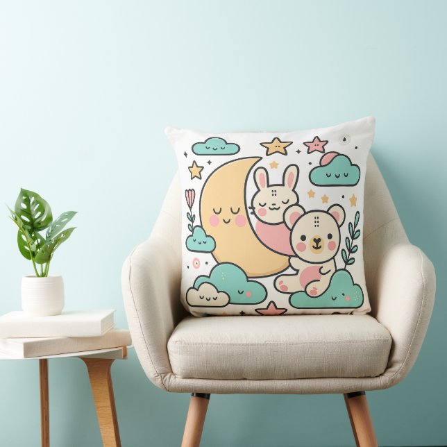  Whimsical Bunny and Bear Moon Decorative Pillow Kudde (Stol)