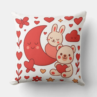 Whimsical Bunny and Bear Moon Heart Throw Pillow Kudde
