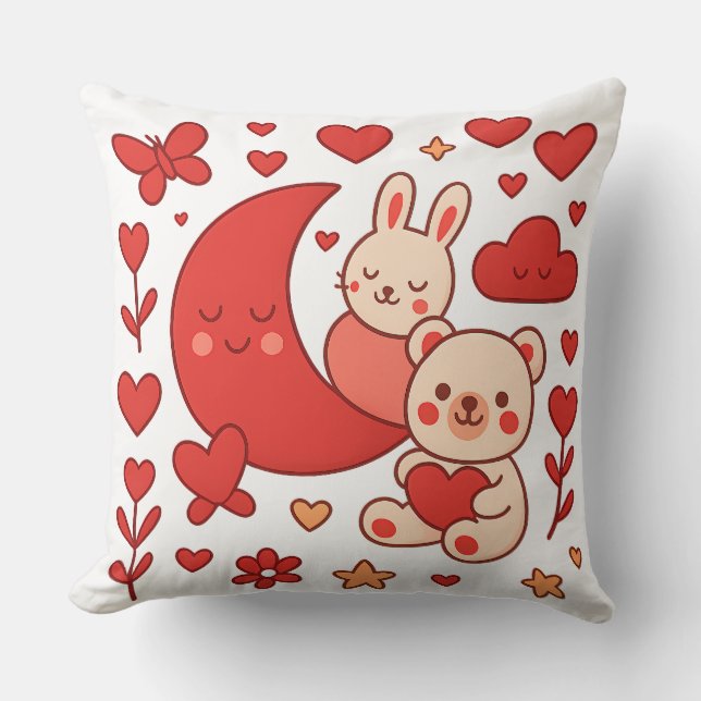 Whimsical Bunny and Bear Moon Heart Throw Pillow Kudde (Framsida)