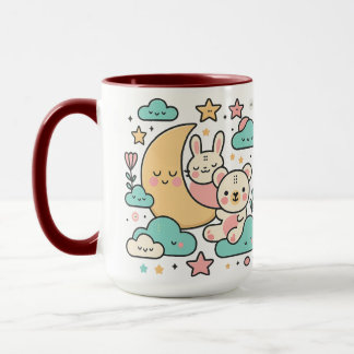 Whimsical Bunny and Bear Under Moon Illustration Mugg