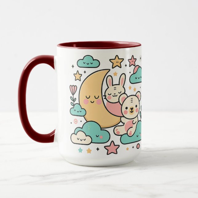 Whimsical Bunny and Bear Under Moon Illustration Mugg (Vänster)