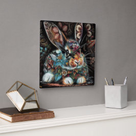 Whimsical Bunny Blommigt Abstrakt Black Teal Fyrkantig Klocka