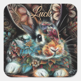 Whimsical Bunny Blommigt Abstrakt Black Teal Fyrkantigt Klistermärke