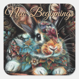 Whimsical Bunny Blommigt Abstrakt Black Teal Fyrkantigt Klistermärke