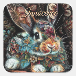 Whimsical Bunny Blommigt Abstrakt Black Teal Fyrkantigt Klistermärke