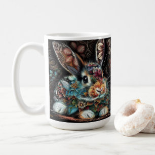 Whimsical Bunny Blommigt Abstrakt Black Teal Kaffemugg