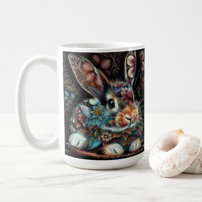 Whimsical Bunny Blommigt Abstrakt Black Teal Kaffemugg (Med munk)