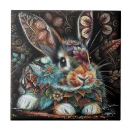 Whimsical Bunny Blommigt Abstrakt Black Teal Kakelplatta