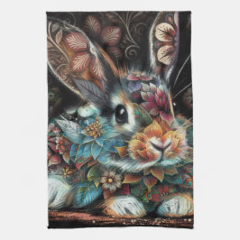 Whimsical Bunny Blommigt Abstrakt Black Teal Kökshandduk