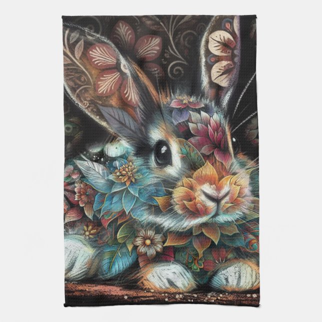 Whimsical Bunny Blommigt Abstrakt Black Teal Kökshandduk (Vertikal)