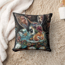 Whimsical Bunny Blommigt Abstrakt Black Teal Kudde