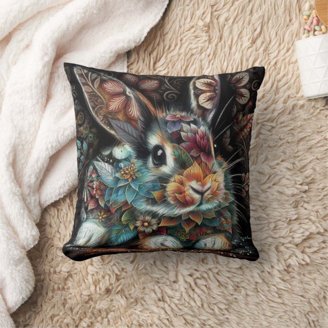 Whimsical Bunny Blommigt Abstrakt Black Teal Kudde (Filt)