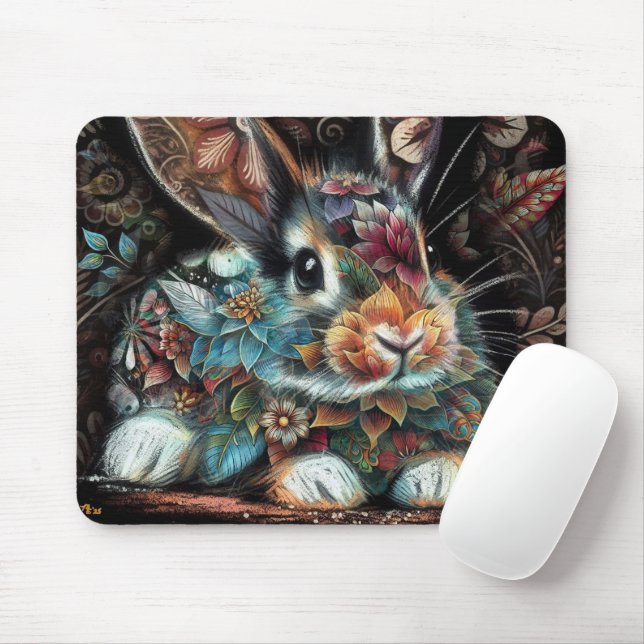 Whimsical Bunny Blommigt Abstrakt Black Teal Musmatta (Med mus)