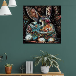 Whimsical Bunny Blommigt Abstrakt Black Teal Poster