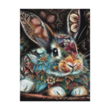 Whimsical Bunny Blommigt Abstrakt Black Teal