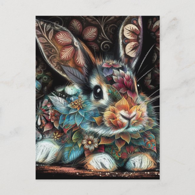 Whimsical Bunny Blommigt Abstrakt Black Teal Vykort (Framsida)