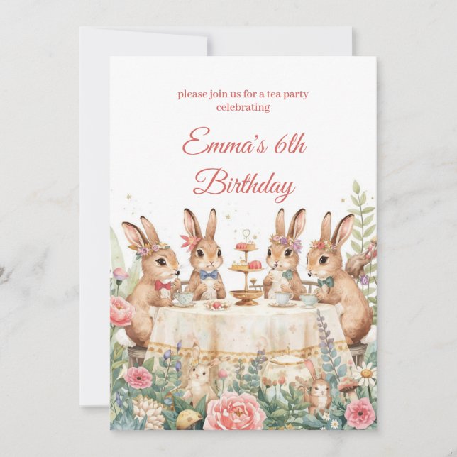 Whimsical Bunny Garden Tea Party Birthday Inbjudningar (Framsida)