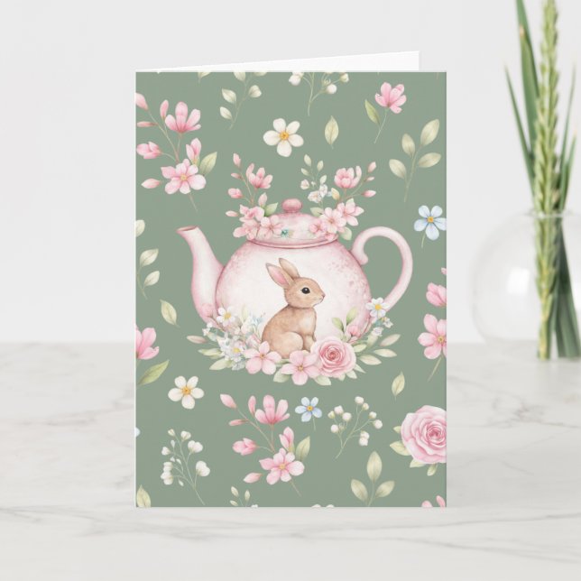 Whimsical Bunny Green Teapot Floral Easter  Kort (Framsida)