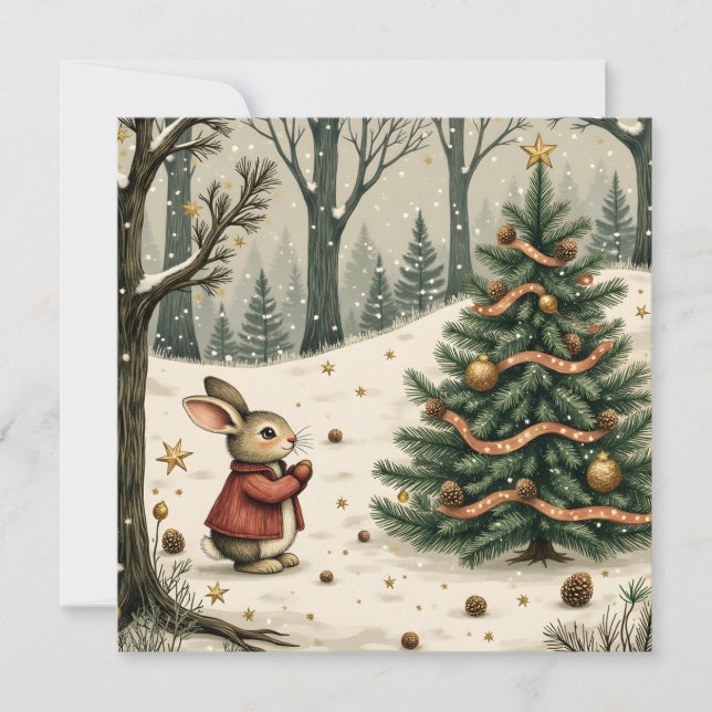 Whimsical Bunny med julgran i skog Flat Julkort (Framsida)