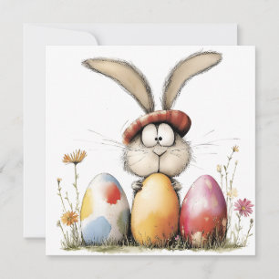 Whimsical Bunny och dekorerade ägg påskhälsning Kort