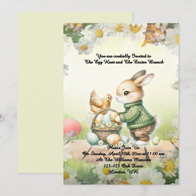 - Whimsical Bunny Påskbrunch & Äggjakt Inbjudan (Fram/baksida)
