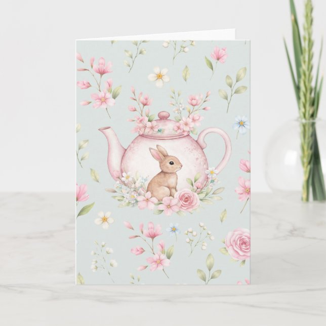 Whimsical Bunny Pink Teapot Floral Easter  Kort (Framsida)