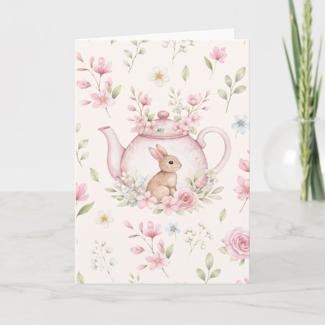 Whimsical Bunny Pink Teapot Floral Easter  Kort (Framsida)
