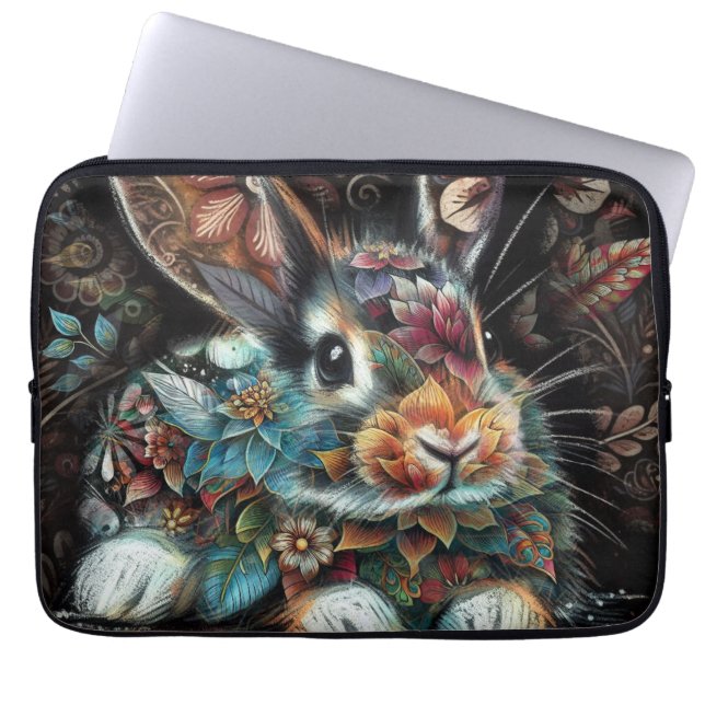 Whimsical Bunny Rabbit Blommigt Abstrakt Teal Brow Laptop Fodral (Framsidan)