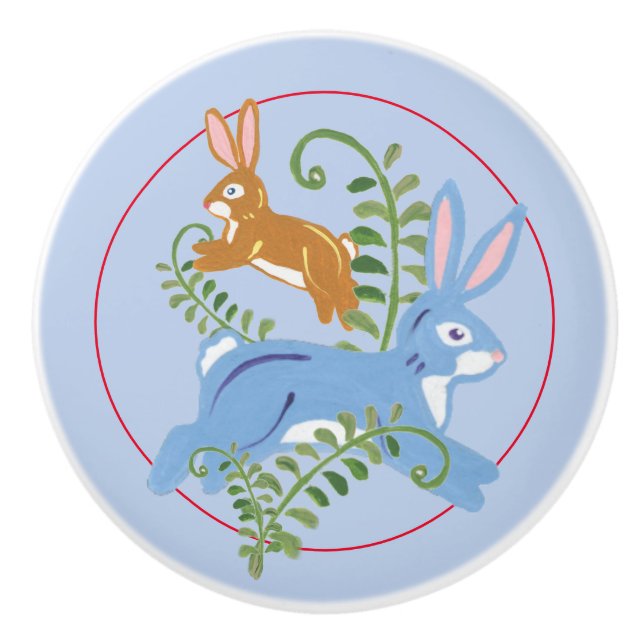 Whimsical Bunny Rabbit Folk Rustic Nursery Blue Knopp (Framsidan)