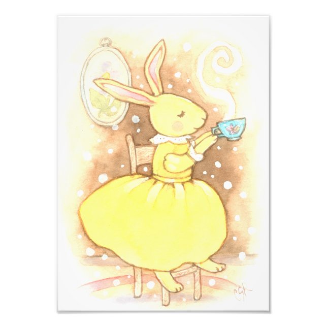 Whimsical Bunny Rabbit Kopp of Tea Illustration Fototryck (Framsidan)