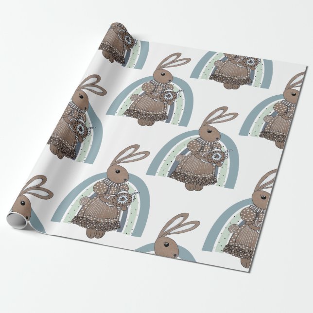Whimsical Bunny Rabbit Tekanna Rainbow Presentpapper (Utrullad)