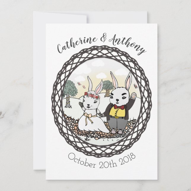 Whimsical Bunny Rabbit Wedding bjudande Inbjudningar (Baksida)
