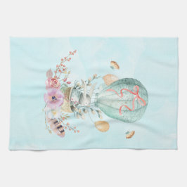 Whimsical Bunny Riding i en Luftballong Kökshandduk