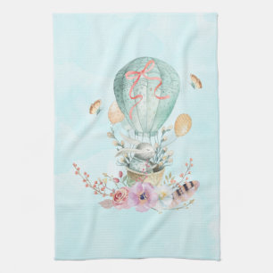 Whimsical Bunny Riding i en Luftballong Kökshandduk