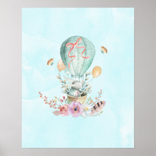Whimsical Bunny Riding i en Luftballong Poster