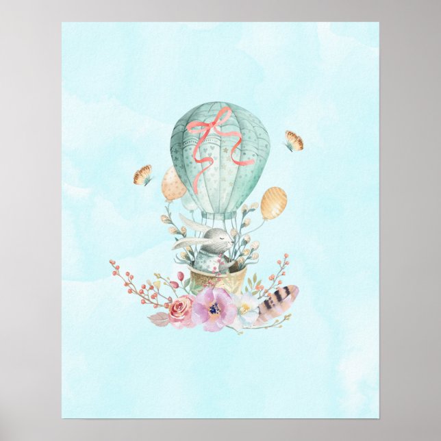 Whimsical Bunny Riding i en Luftballong Poster (Framsidan)