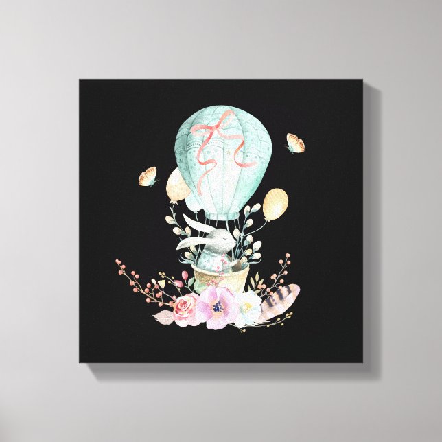 Whimsical Bunny Riding in a Hot Air Balloon Canvastryck (Framsida)